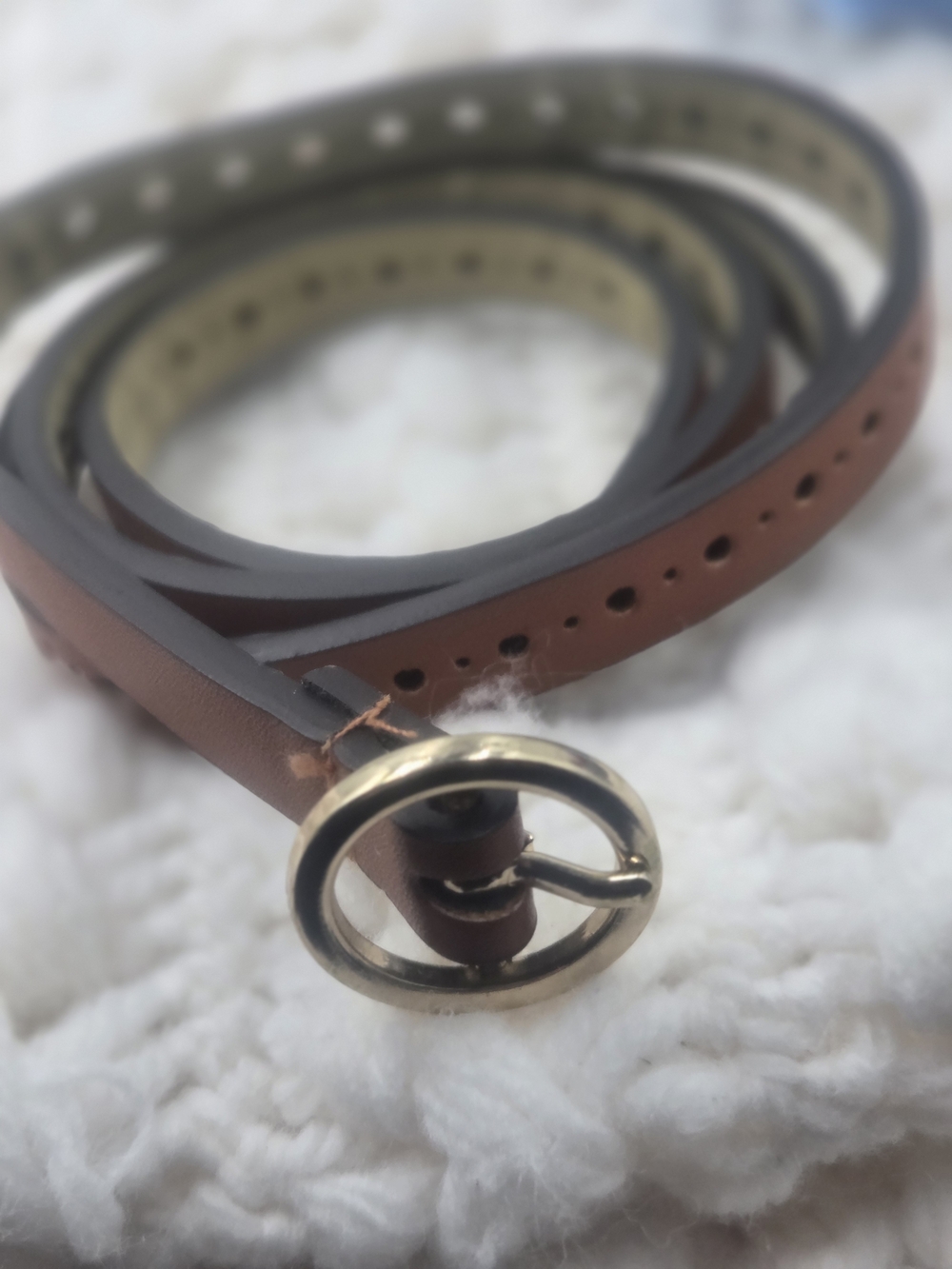 Women’s Brown Leather Slim Belt with Gold Round Buckle